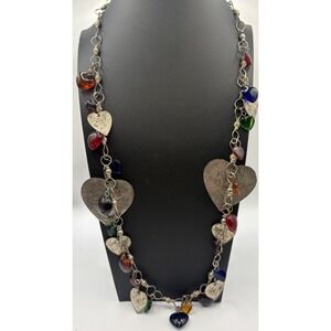 Vintage Glass Heart Silver Tone Heart Dangle Charm Necklace Clink Clank Sound